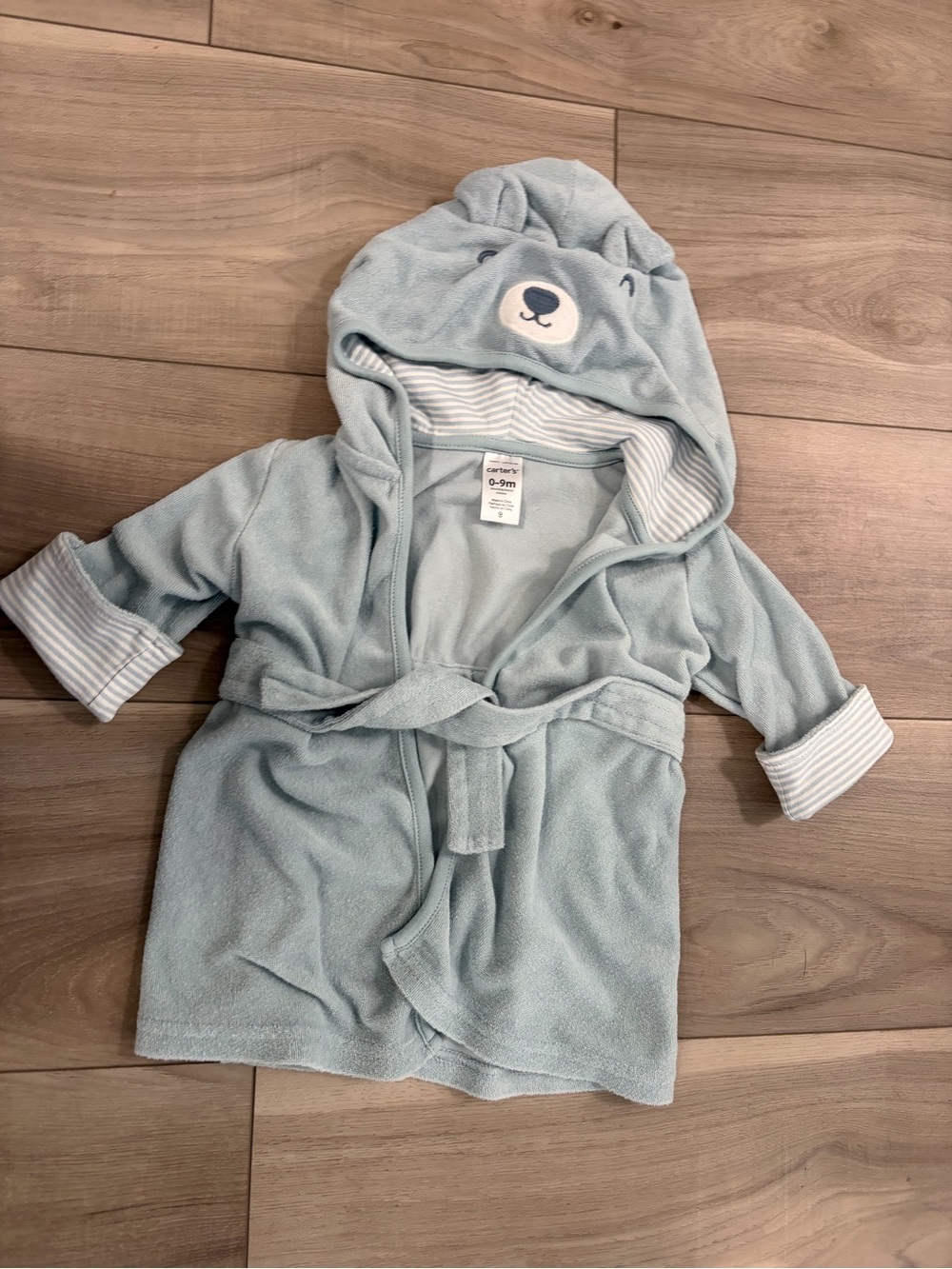 Carter's Baby Blue Bear Terry Hooded Robe with Striped Cuffs